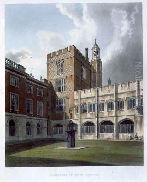 Cloisters of Eton College, from History of Eton College, part of History of the Colleges, engraved by J. Bluck (fl.1791-1831) pub. by R. Ackermann, 1816 - view 1