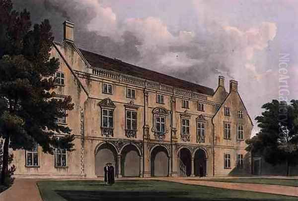 Exterior of Magdalene College Library, Cambridge, from 'The History of Cambridge', engraved by Joseph Constantine Stadler (fl.1780-1812), pub. by R. Ackermann, 1815 - view 1