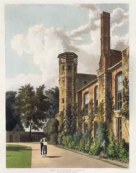 Part of St. Peters College (Peterhouse) from the Private Garden, Cambridge, from 'The History of Cambridge', engraved by Joseph Constantine Stadler (fl.1780-1812), pub. by R. Ackermann, 1815 - view 1