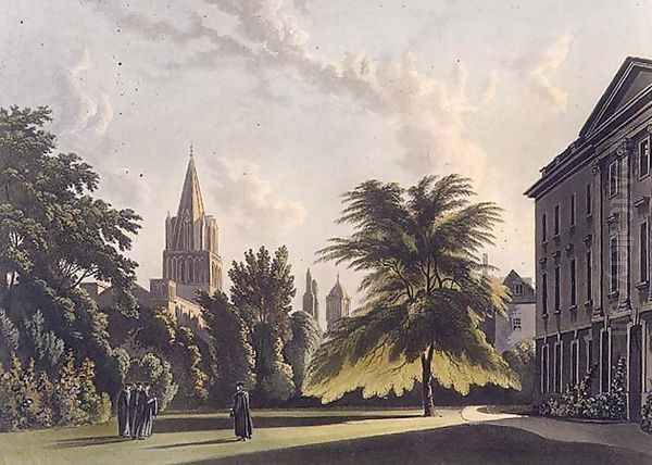 Exterior of Corpus Christi College and Christ Church Cathedral, illustration from the 'History of Oxford', engraved by Joseph Constantine Stadler (fl.1780-1812) pub. by R. Ackermann, 1813 - view 1