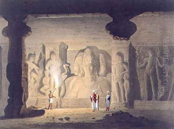 The Great Triad in the Cave Temple of Elephanta, near Bombay, in 1803, from Volume II of Scenery, Costumes and Architecture of India, engraved by T. Edge, pub. by Smith, Elder and Company, 1830 - view 1