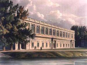 Exterior of Trinity Library from St. Johns Gardens, Cambridge, from The History of Cambridge, engraved by Joseph Constantine Stadler (fl.1780-1812), pub. by R. Ackermann, 1815