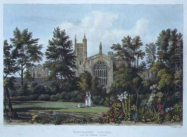 Winchester College from the Wardens Garden, from History of Winchester College, part of History of the Colleges, engraved by Joseph Constantine Stadler (fl.1780-1812) pub. by R. Ackermann, 1816 - view 1