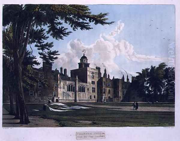 Charter House from the Play Ground, from History of Charter House School, part of History of the Colleges, engraved by William James Bennett (1787-1844) pub. by R. Ackermann, 1816 - view 1