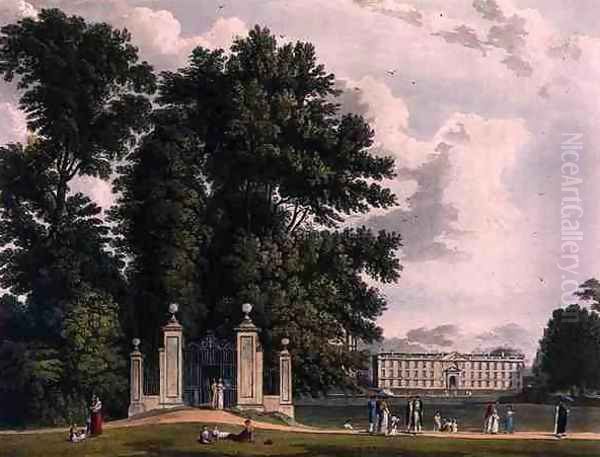 Entrance to the Avenue from Clare Hall Piece (the New Building of Kings), Cambridge, from The History of Cambridge, engraved by Joseph Constantine Stadler (fl.1780-1812), pub. by R. Ackermann, 1815 - view 1