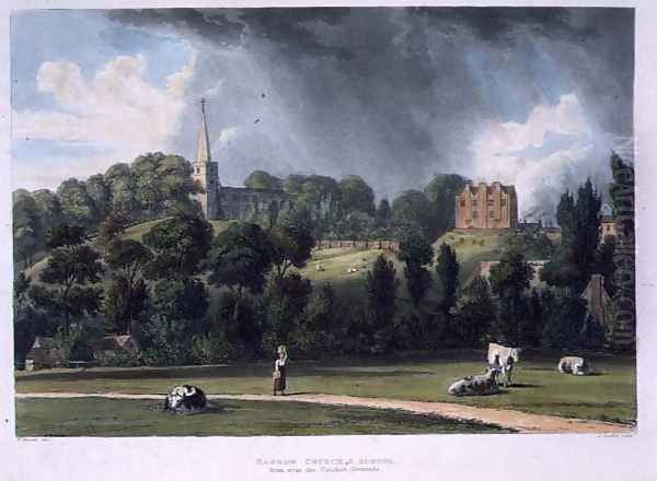 Harrow Church and School from near the Cricket Grounds, from History of Harrow School, part of History of the Colleges, engraved by Joseph Constantine Stadler (fl.1780-1812) pub. by R. Ackermann, 1816 - view 1