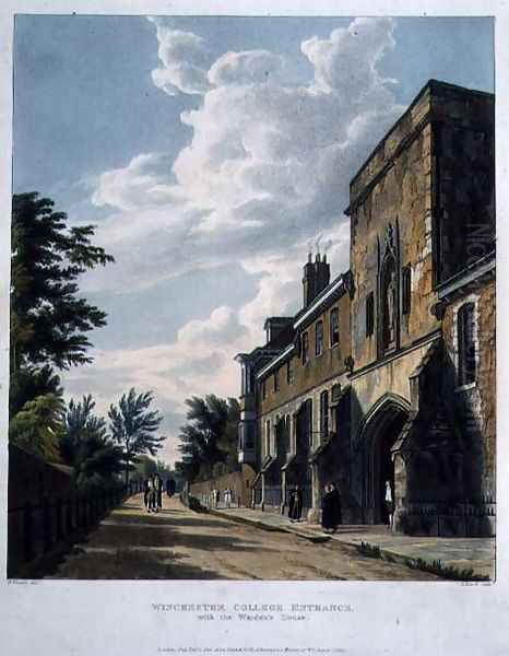 Winchester College Entrance with the Wardens House, from History of Winchester College, part of History of the Colleges, engraved by Daniel Havell (1785-1826) pub. by R. Ackermann, 1816 - view 1