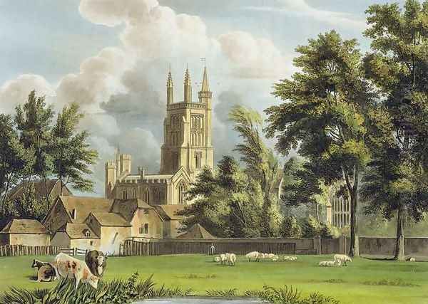 Winchester College from the Meadow, from History of Winchester College, part of History of the Colleges, engraved by Joseph Constantine Stadler (fl.1780-1812) pub, by R. Ackermann, 1816 - view 1