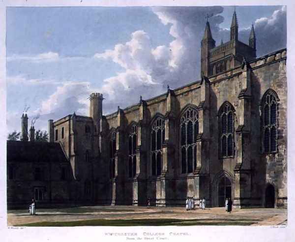 Winchester College Chapel from the Great Court, from History of Winchester College, part of History of the Colleges, engraved by J. Bluck (fl.1791-1831) pub. by R. Ackermann, 1816 - view 1
