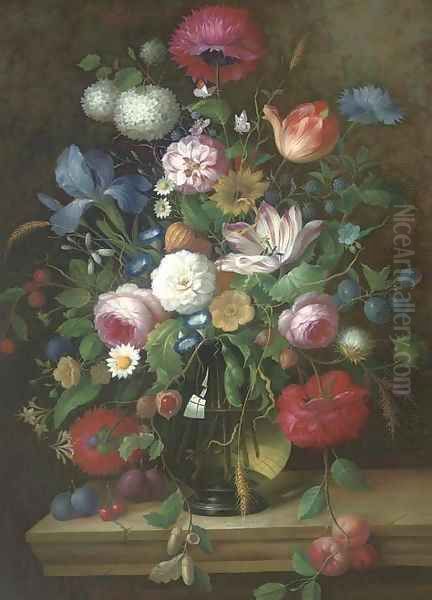 An impressive still life of flowers on a stone ledge - view 1