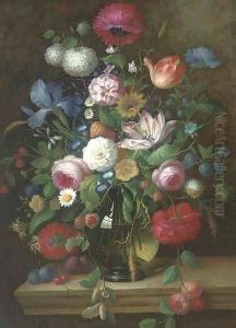 An impressive still life of flowers on a stone ledge by Thomas Webster