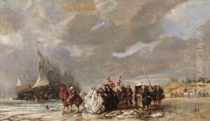 Retour De Peche Sur La Plage De Scheveningen by Eugene Isabey
