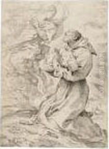 San Francesco Tiene In Braccio Gesu Bambino Al Cospetto Della Madonna - view 1