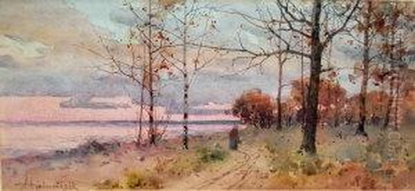 Figure On A Path Through A Forest In A River Landscape - view 1