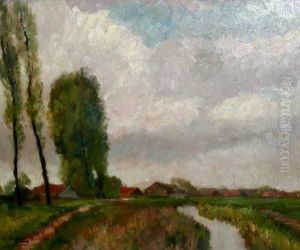 Landschaft Mit Hohen Pappeln Und Blick Auf Ein Dorfchen by Richard Falkenberg