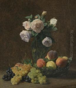 Nature Morte: Vase De Roses, Peches Et Raisins