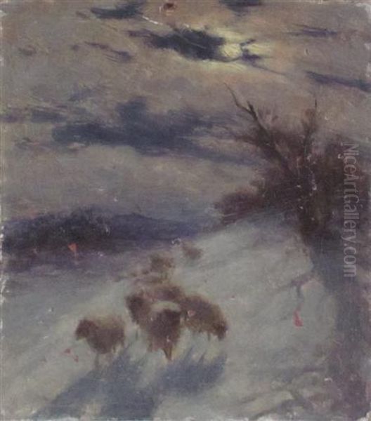 Sheep In The Snow - A Moonlit Sketch - view 1