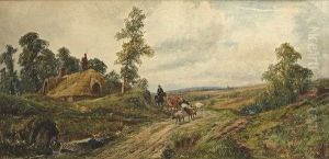 Driving Cattle And Sheep Down Road By Cottage by John Faulkner
