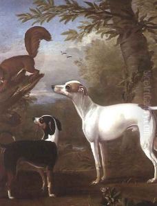 Two Sporting Dogs Attracted by a Squirrel on a Tree Stump
