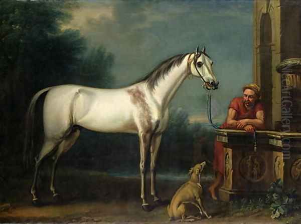 Lord Oxfords Bloody-Shouldered Arabian held by a groom in Arabian dress - view 1