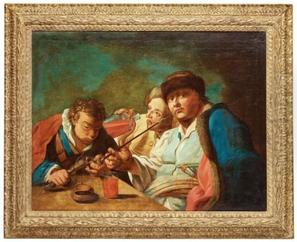 Three Men Smoking A Pipe - view 1