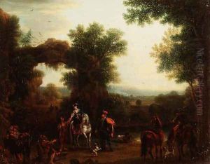A hunting party giving alms to gypsies in a wooded river landscape