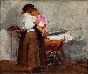 Mutter Mit Kleinkind Vor Einem Kinderwagen by Friedrich Fehr