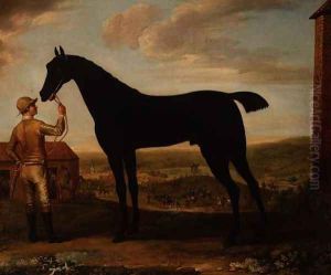 Basto, dark bay racehorse held by groom outside the stable at Newmarket