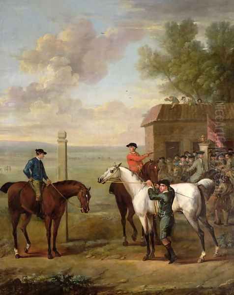 Racehorses with jockeys up by the rubbing down house on Newmarket Heath - view 1