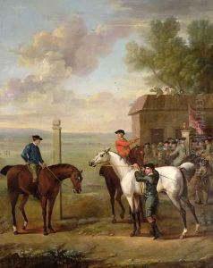Racehorses with jockeys up by the rubbing down house on Newmarket Heath by John Wootton