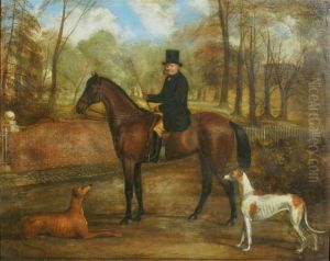 Portrait Of A Gentleman Saddled 
On Bay Hunter With Greyhounds Alongside In A Country Setting