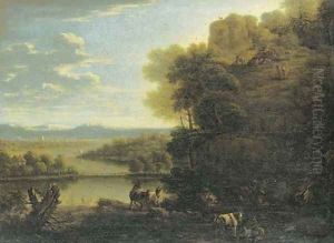 A goatherd and goats on a rocky wooded outcrop before an extensive river landscape