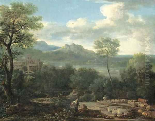 An Italianate landscape with a shepherd and shepherdess in the foreground and a hilltop village overlooking a lake and mountains beyond - view 1