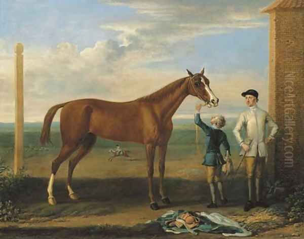 Bald Charlotte, also known as Lady Legs, a chestnut mare, held by a groom, with a jockey, at Newmarket - view 1