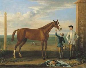 Bald Charlotte, also known as Lady Legs, a chestnut mare, held by a groom, with a jockey, at Newmarket