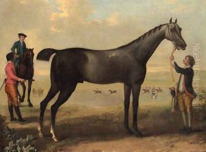 Childers, a dark bay racehorse held by a groom, with a horse and rider and jockey beside him, in an extensive landscape. by John Wootton