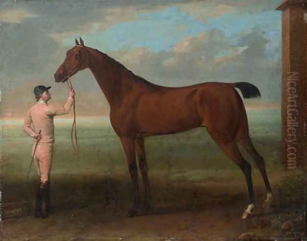 Coquette, a Bay Mare, held by a Groom, beside the King's Stables at Newmarket, near the Finish of the Beacon Course - view 1
