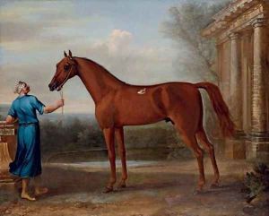Mr Charles Wilson's Chestnut Arabian, held by a groom, beside a classical building by John Wootton