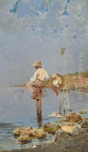 Boys Fishing On The Italian Coast by Egisto Ferroni