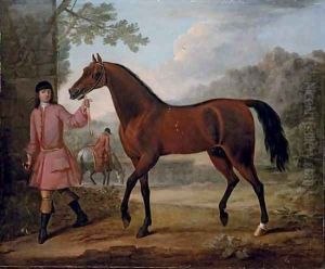 The Leedes Arabian, being led by a groom, in a landscape