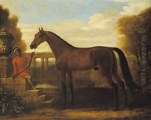 A dark bay Arab stallion, held by a groom seated on stone steps by a classical urn, a viaduct in the landscape beyond - view 1