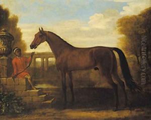 A dark bay Arab stallion, held by a groom seated on stone steps by a classical urn, a viaduct in the landscape beyond