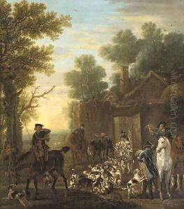 A hunting scene showing the release of the hounds, in a wooded landscape