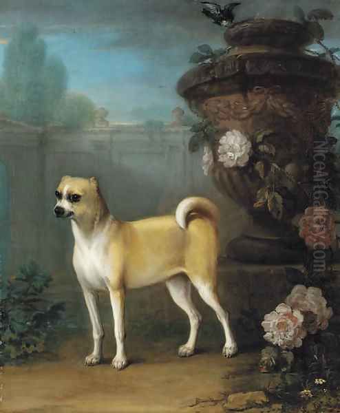 A pug beside an classical urn - view 1