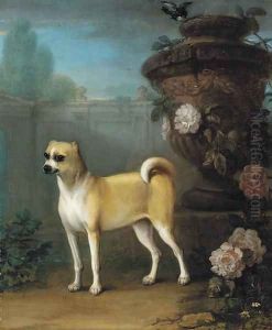 A pug beside an classical urn