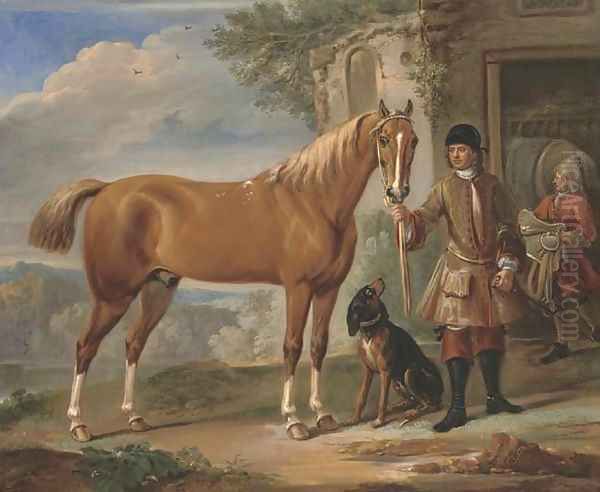 John Shafto of Bavington Hall, and Whitworth Hall, Northumberland, holding a hunter, in a landscape with a groom and stable beyond - view 1