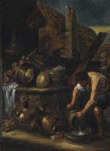 A Kitchen Interior With A Man Collecting Water A Kitchen Interior With A Man Collecting Water