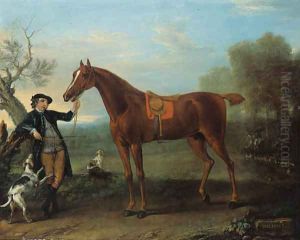 Squirrel, a thoroughbred chestnut Hunter held by a Groom, in an extensive wooded landscape