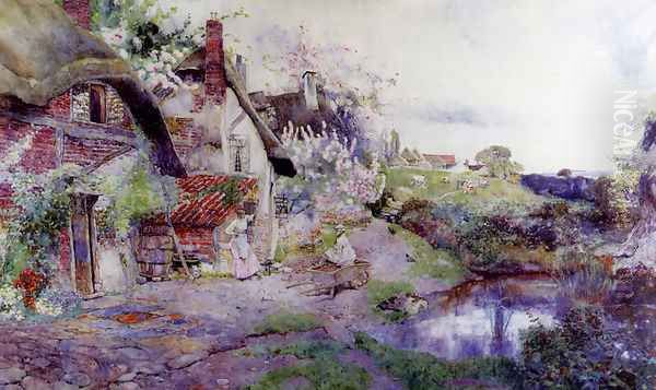 An English Idyll, Figures Outside A Thatched Cottage by David Woodlock