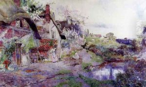 An English Idyll, Figures Outside A Thatched Cottage by David Woodlock